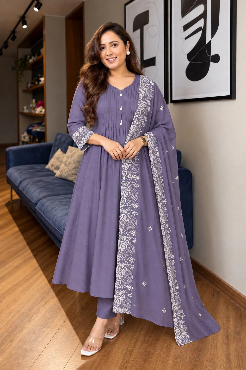 Mul Chanderi Anarkali Suit Set