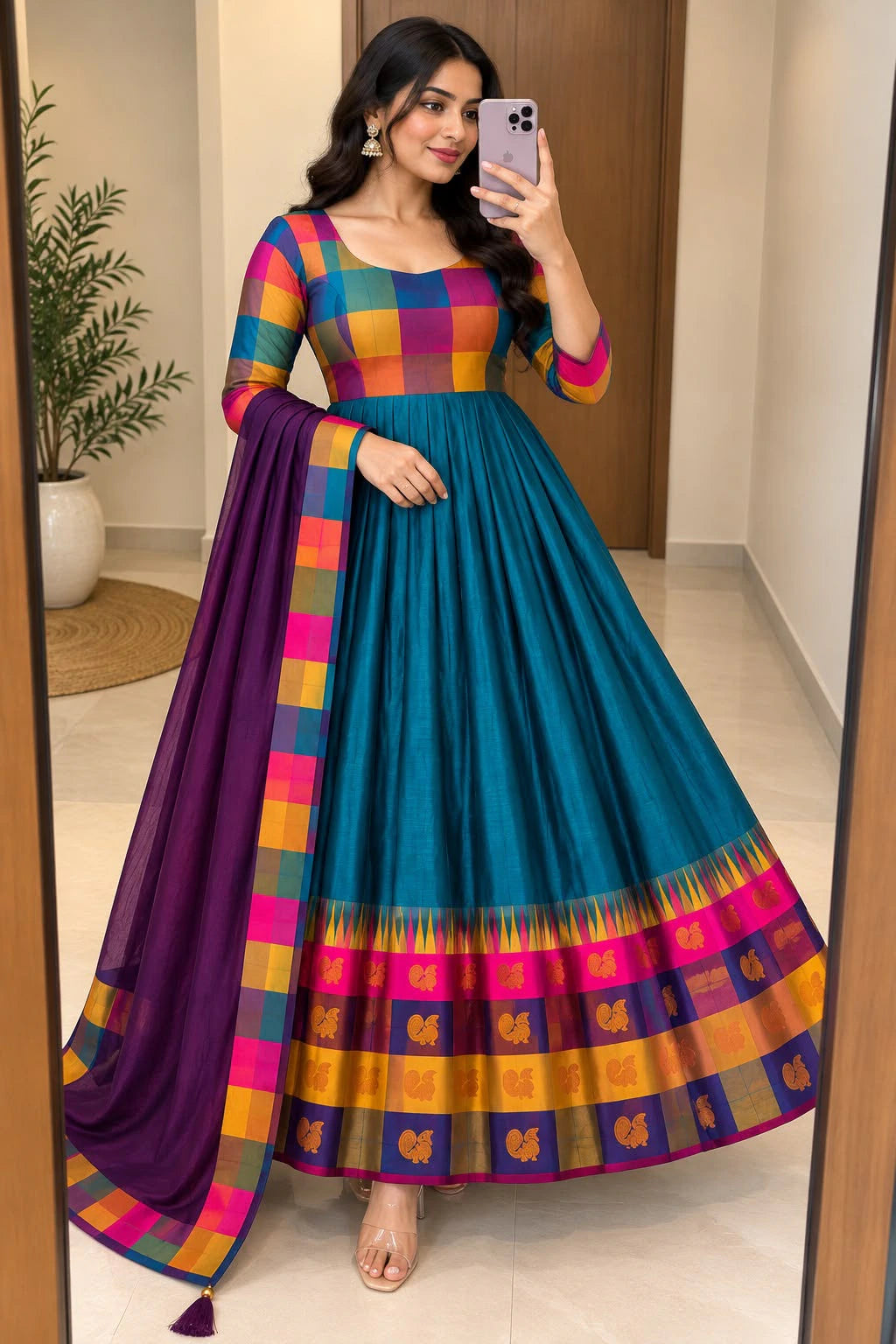 Cotton Spun Silk Anarkali Set