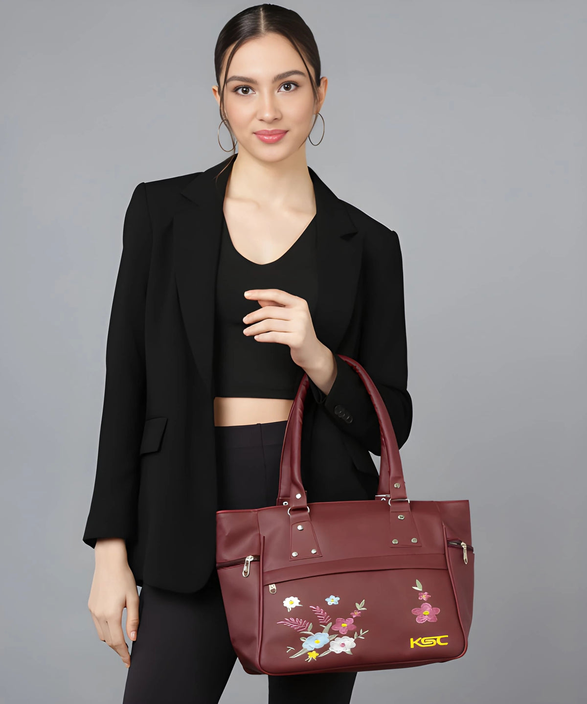 Ladies Handbag Spacious Organised Compartments with Golden Hardware & Cute Fur Ball Charm