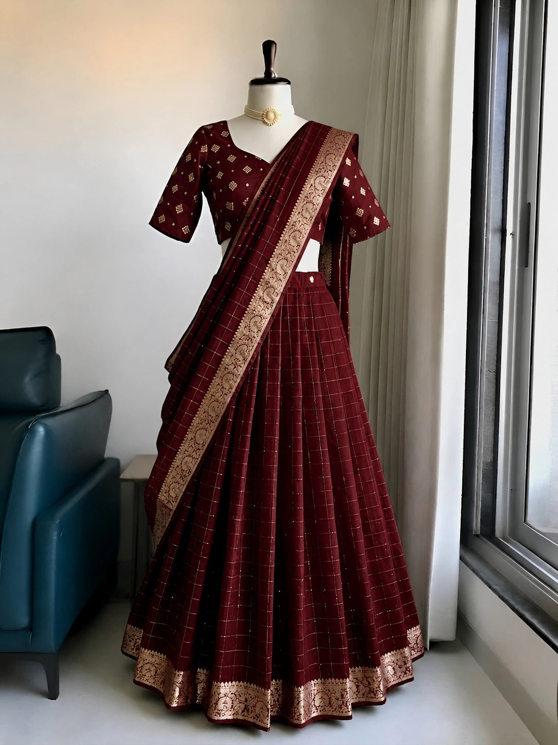 Viscose Georgette  with heavy zari border lengha ,
