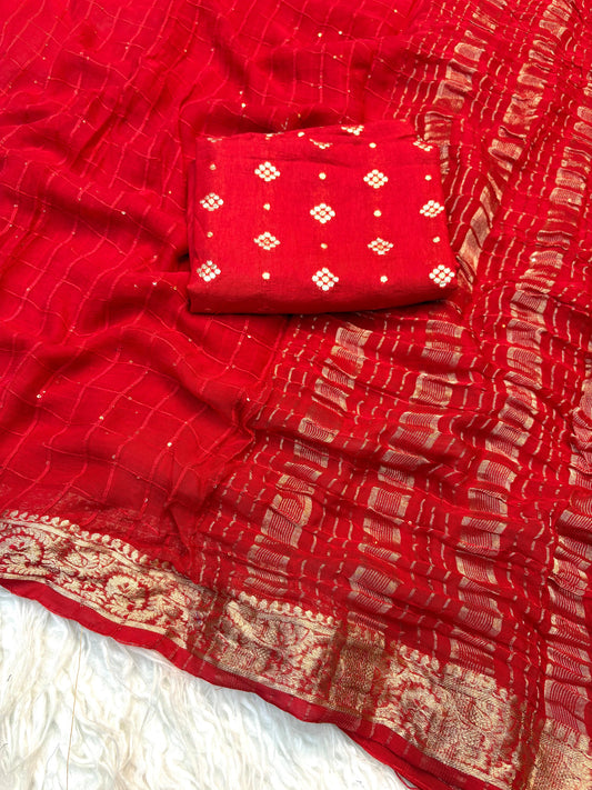 Pure viscose georgette with jacquard border with weaving chex with sequence with pure viscose blouse