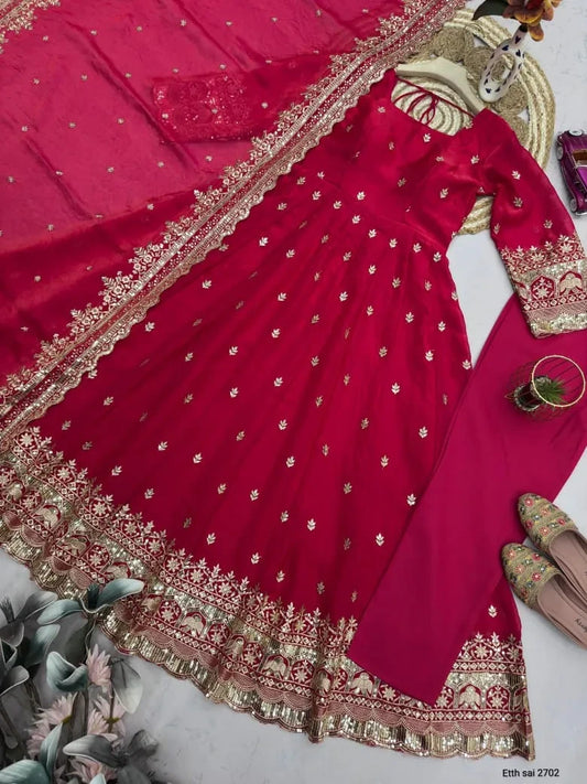 ❤️Designer Fendy Silk Embroidery Party Wear Gown Set💕