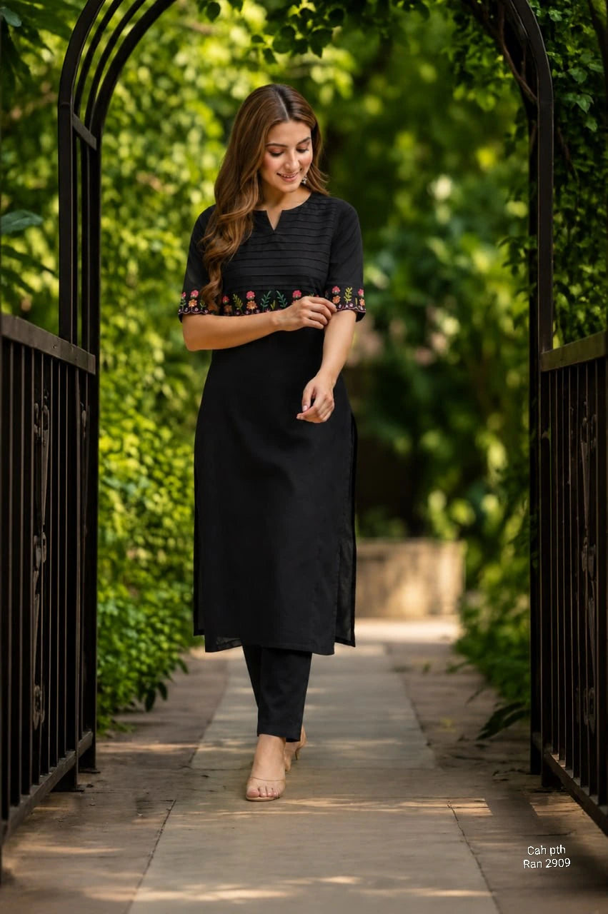 Cotton Embroidered Kurti & Pant Set