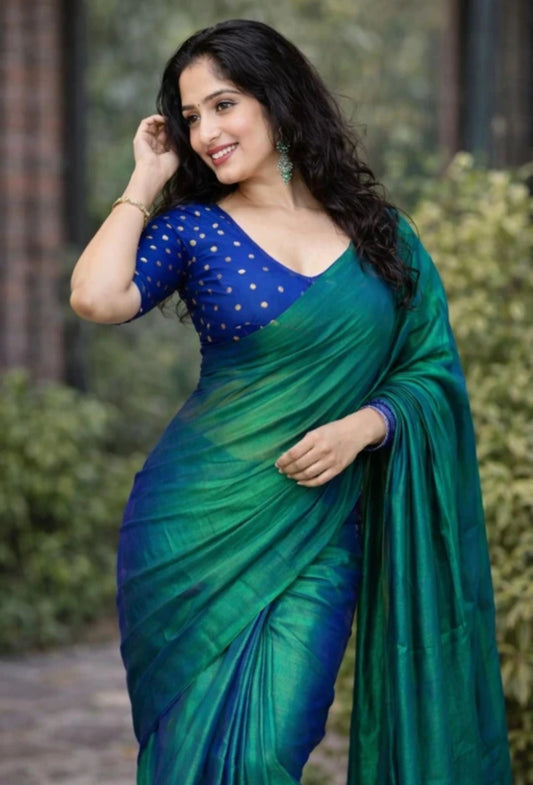 Elegant Peacock Blue Malai Silk Saree with Tassels